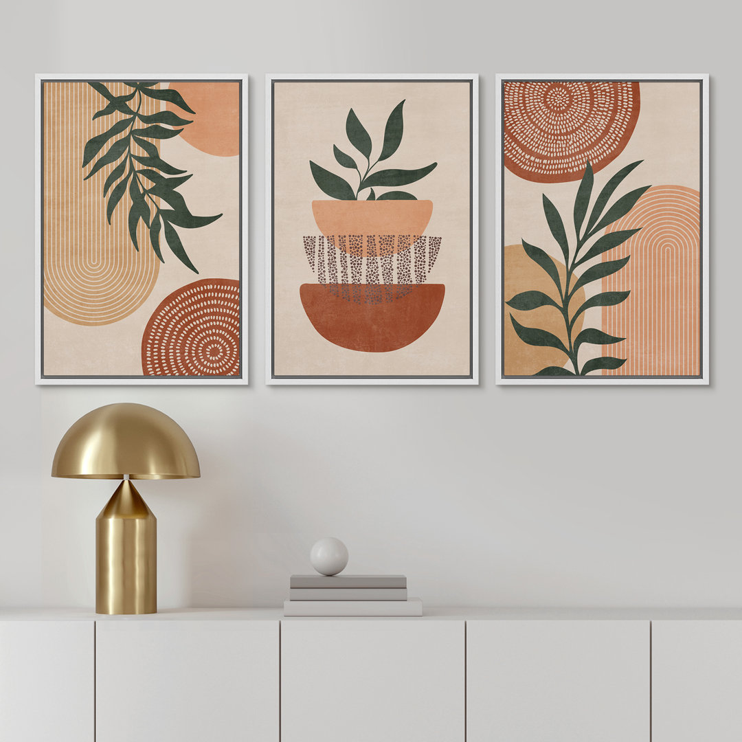 Mid Century Modern Boho Geometric Polygon Palm Leaf - 3 Piece Floater Frame Graphic Art Set on Canvas IDEA4WALL Frame