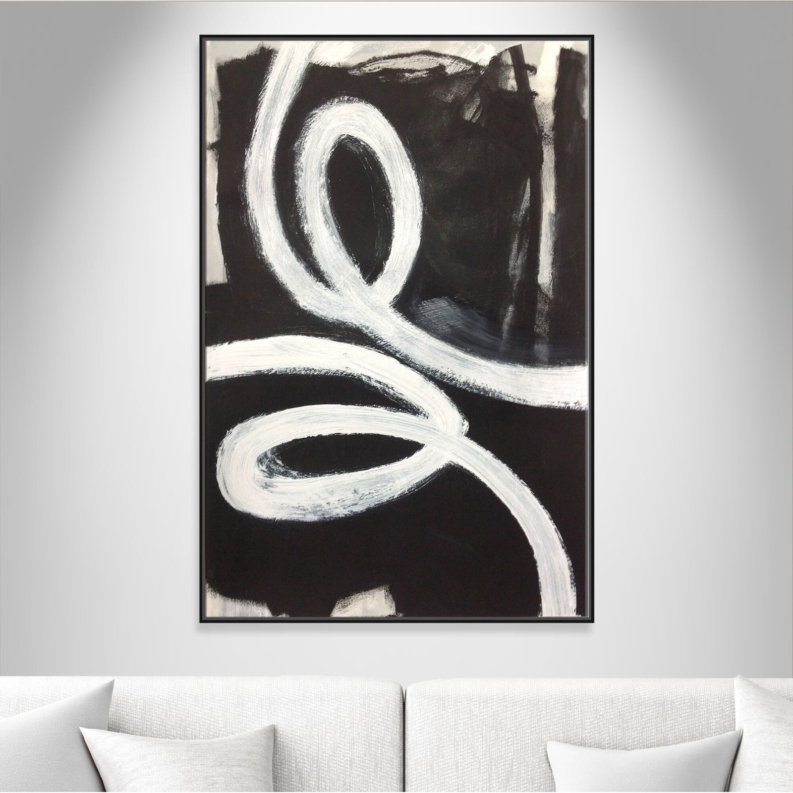 Hendrix "White Swirly Swirls 1" Print, 61" H x 41" W x 2" D, Black Framed