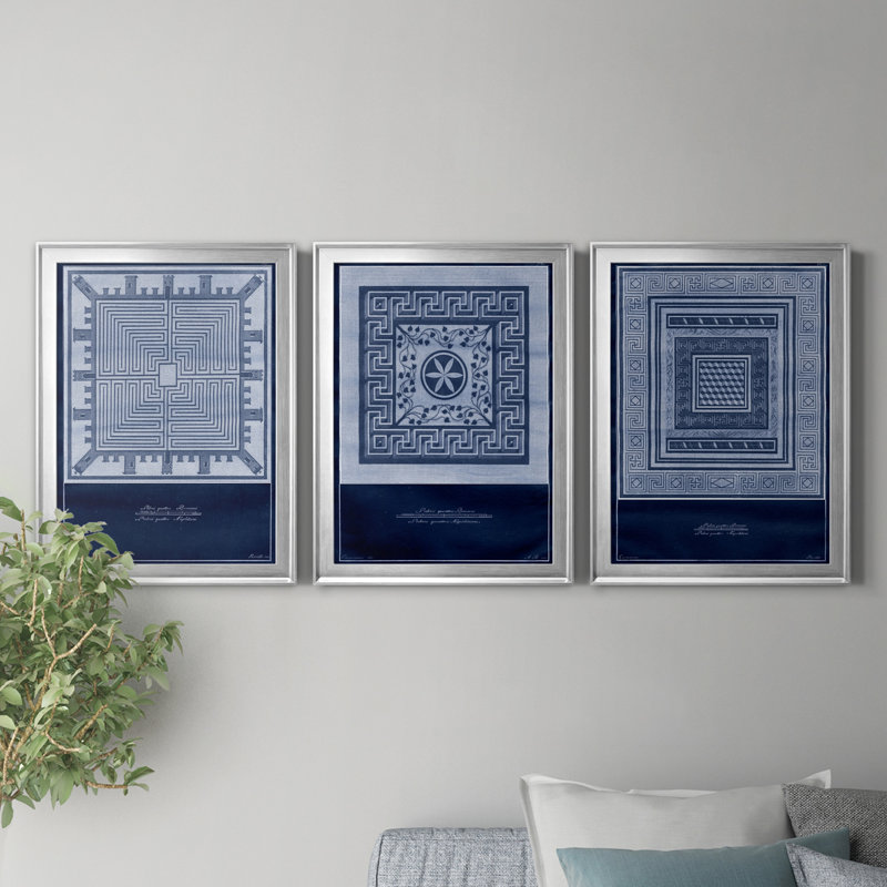 Indigo Tile I - ensemble de 3 impressions sur toile encadrées, H 22,5 po x l 91,5 po x P 1,5 po, Encadrement argenté