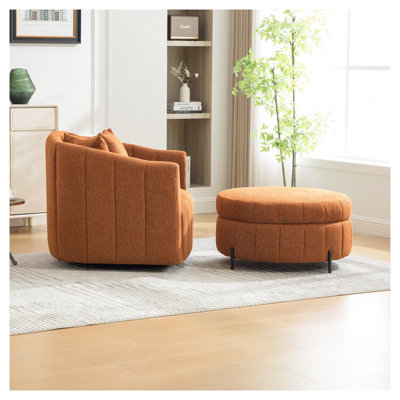 39" Oversized Swivel Barrel Chair and Half Sofa in Orange Chenille