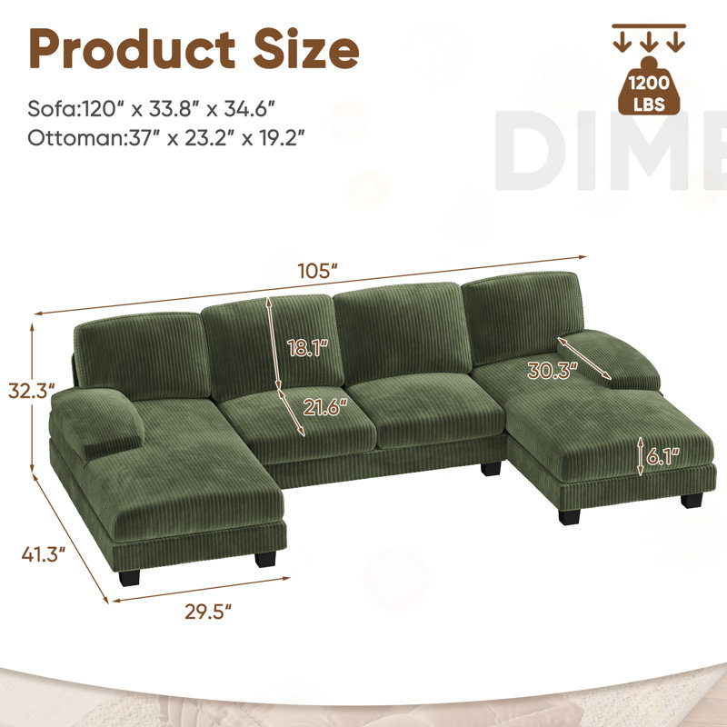 Canapé modulaire confortable en U 104,9 "avec 4 sièges, Velours côtelé vert