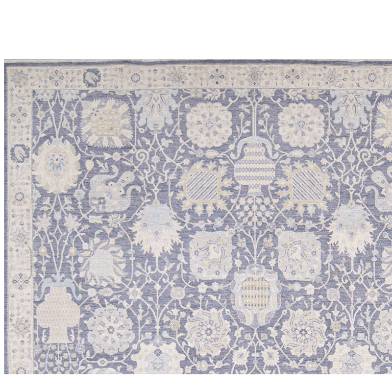 Hand Knotted Wool Area Rug in Dark Gray And Ivory