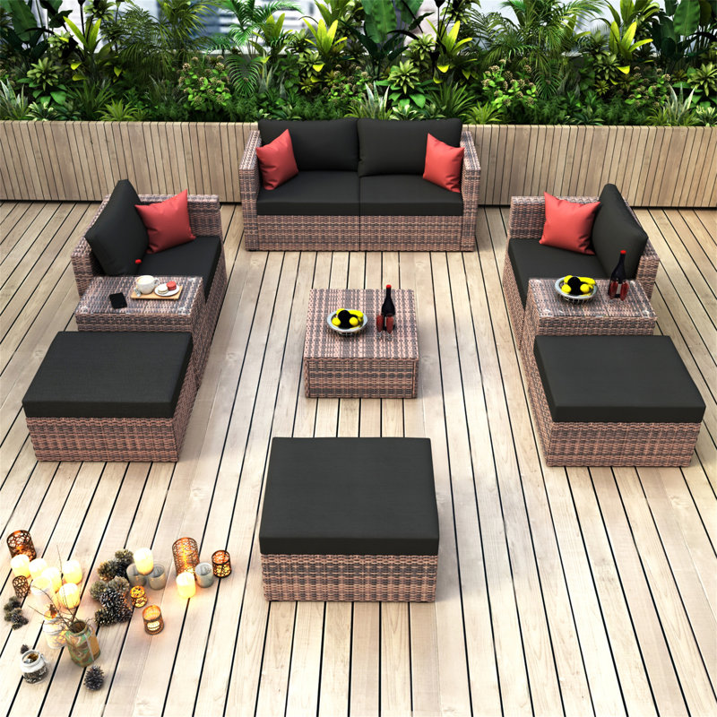 Ensemble de conversation modulaire en osier brun avec coussins noirs et coussins rouges Jimmy 