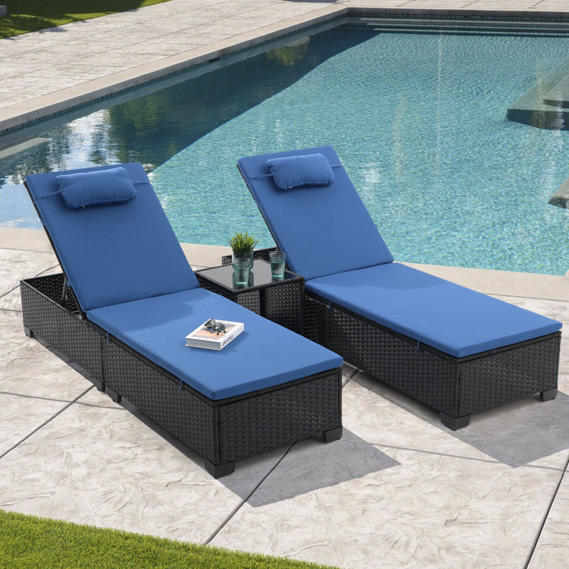 3 Pcs Patio Chaise Lounge with Coffee Table Cushion&Pillow Outdoor Lounge Chair Chaise Lounger Patio Reclining Chair 5 Angle Adjustment PE Rattan for Courtyards Poolside Garden