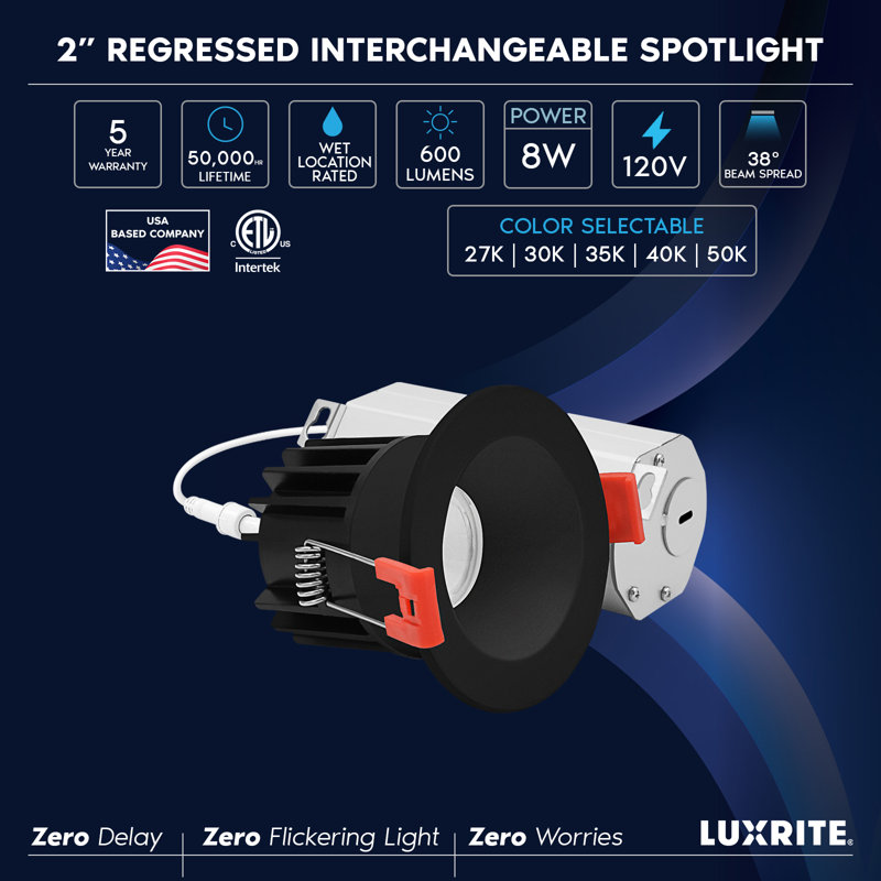 Luxrite 2 po Éclairage à DEL sans lumière régressé avec garniture ronde noire interchangeable, 5CCT, CRI90, 8W, 600LM, faisceau 38 °, à intensité variable, 120V, homologué ETL