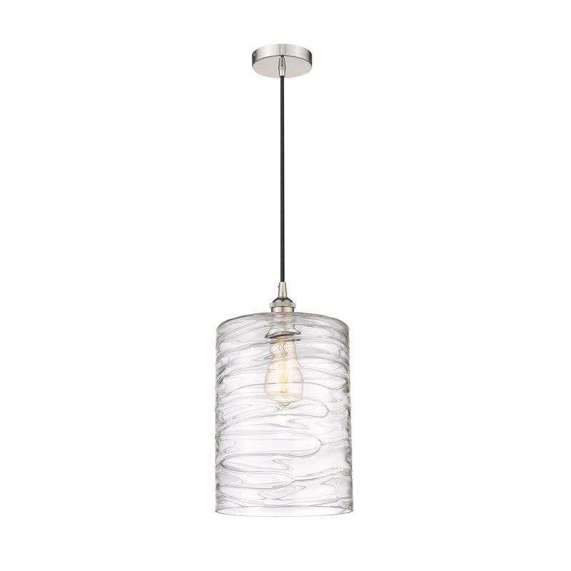 Luminaire suspendu cylindrique simple à 1 lumière Karon, Nickel poli, Tourbillon déco transparent