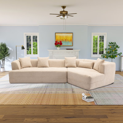 Temica 128"W Boucle RAF Low Back Curved Vacuumed Boneless Sectional