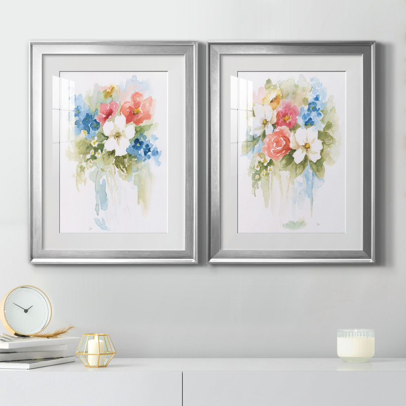 «Spring Medley I», ensemble de 2 reproductions d'art, H 30,5 po x l 85 po x P 1,5 po, Papier avec cadre argenté, Blanc