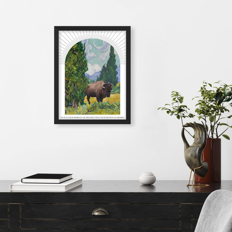 «Bison Buffalo Van Gogh Cypress Trees» sur papier, Noir