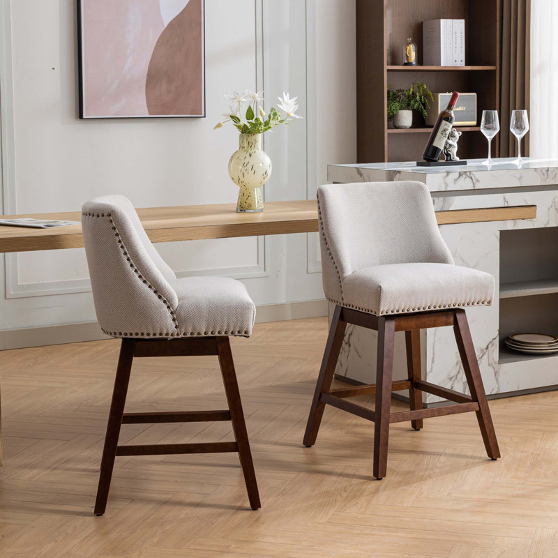 Beige Upholstered Swivel Counter Height Bar Stools with Wood Legs