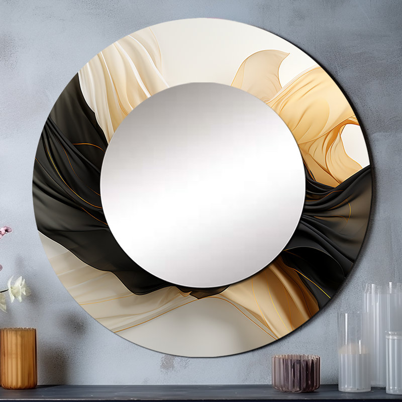 Rithwik doré et noir Soft Wave Fusion IV - miroir mural décoratif de formes abstraites, grand miroir rond moderne, impression d'art en métal
