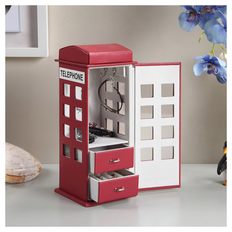 Boîte à bijoux en cuir de 29 cm de haut, motif de téléphone britannique, rouge bordeaux, Bourgogne