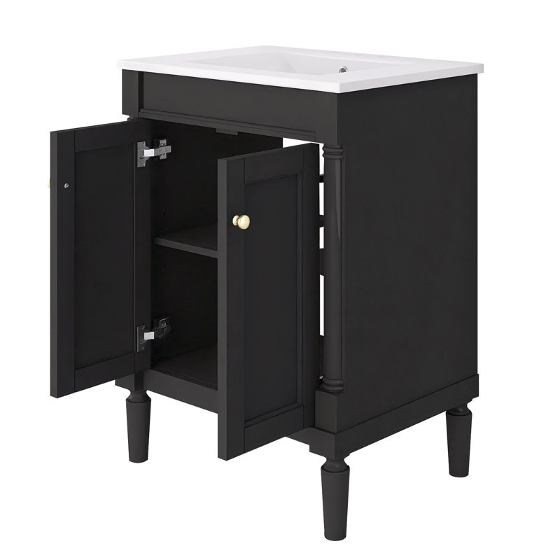Meuble-lavabo moderne 24 po avec lavabo supérieur, meuble-lavabo à 2 niveaux, meuble-lavabo simple, grandes tablettes de rangement, noir