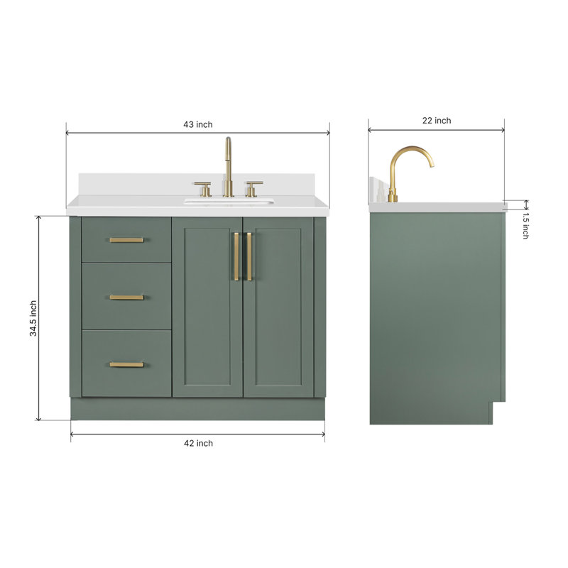 Meuble-lavabo rectangulaire simple de 43 pouces avec décalage à droite et comptoir en quartz blanc pur de 1,5 pouce d'épaisseur, couleur vert vintage