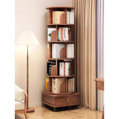 360 Degree Rotating Corner Bookshelf With Drawer, Wood Narrow Book Shelf Organizer For Bedroom And Living Room, Small Space Floor Standing Decorative