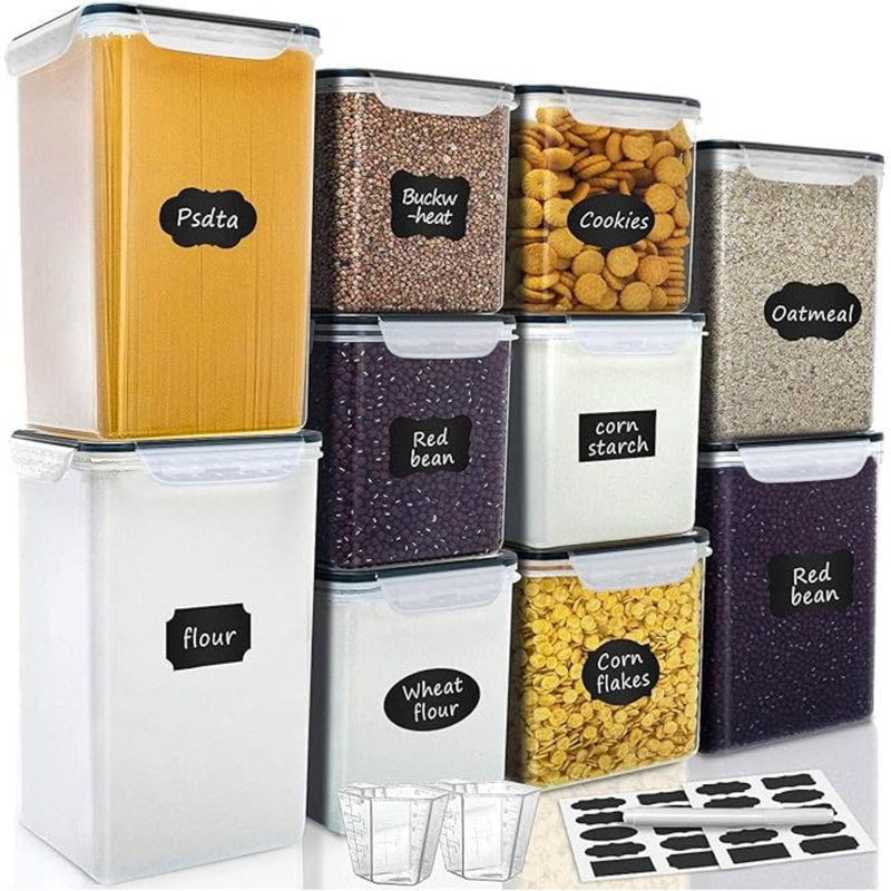 Grands grands contenants de rangement pour aliments hermétiques, 10 PAQUETS de rangement en plastique pour cuisine et garde-manger, idéal pour les contenants de farine et de sucre en plastique avec étiquettes