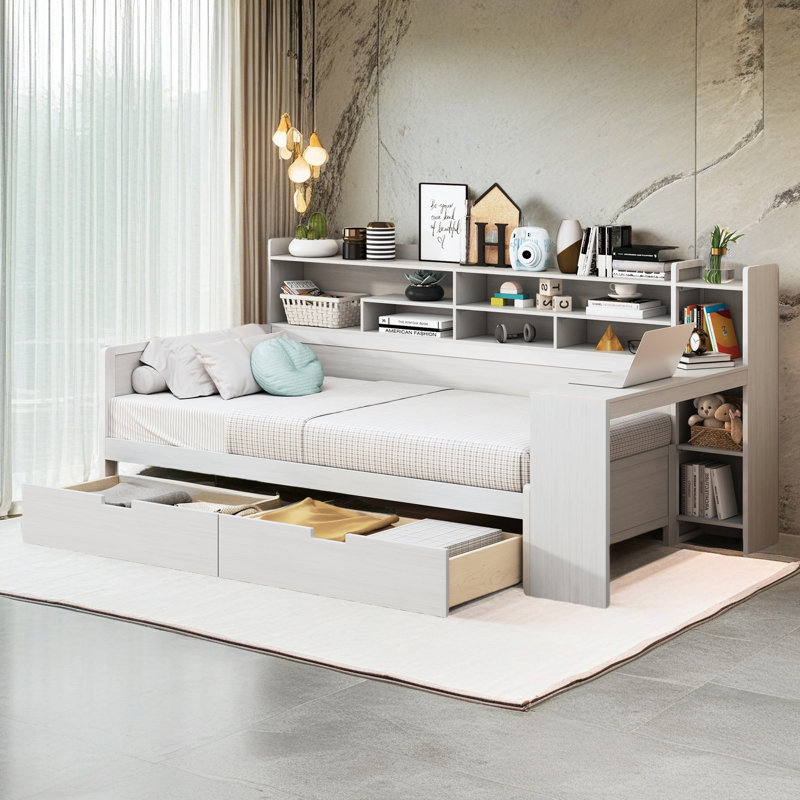 Lit multifonctionnel avec deux tiroirs de rangement et un bureau d'étude, Lit simple, Blanc antique