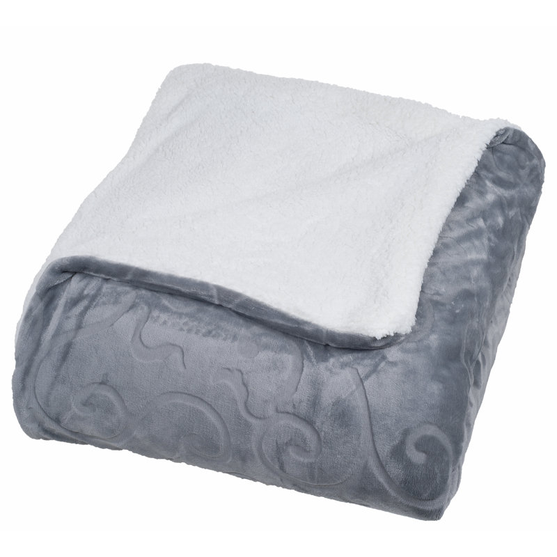 Grey Full/Queen Floral Etched Fleece Blanket with Sherpa