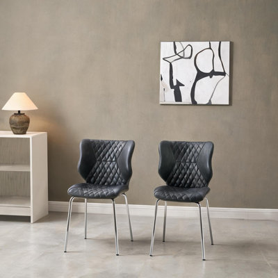 Mid-Century Tufted Side Chairs, Set of 2, Gray-Toned Genuine Leather, Electroplated Metal Legs, High Back