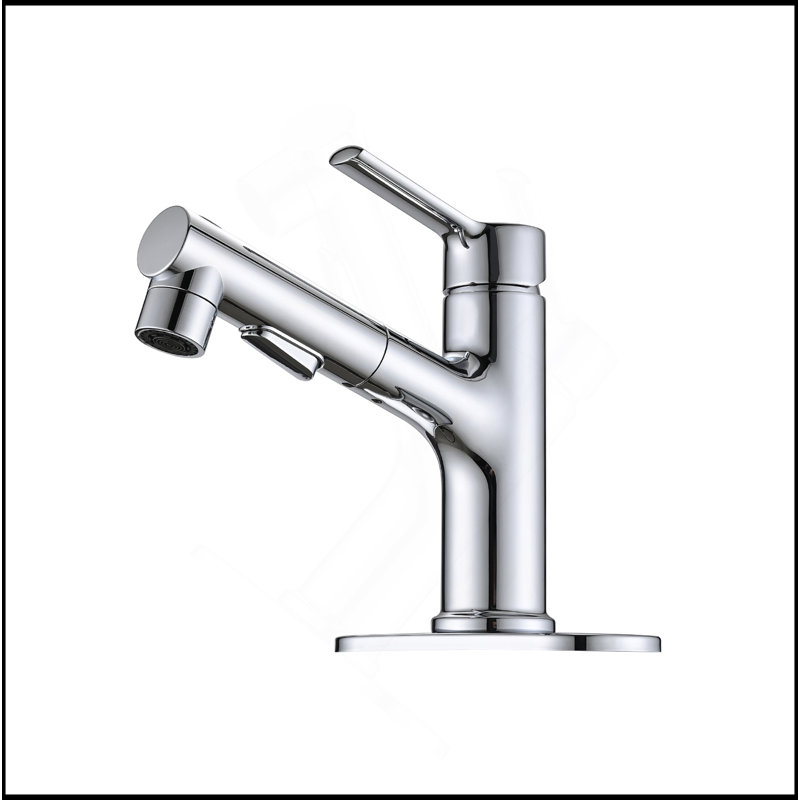 Bathroom Sink Faucet With Pull Out Sprayer, Single Handle Modern Bathroom Basin Faucet With Pop-Up Sink Drain Stopper & Deck Plate