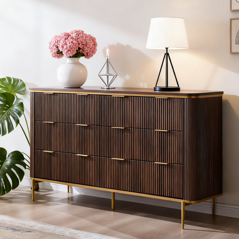 6-Drawer Dresser With Fluted Design And Gold Accents, Dark Walnut