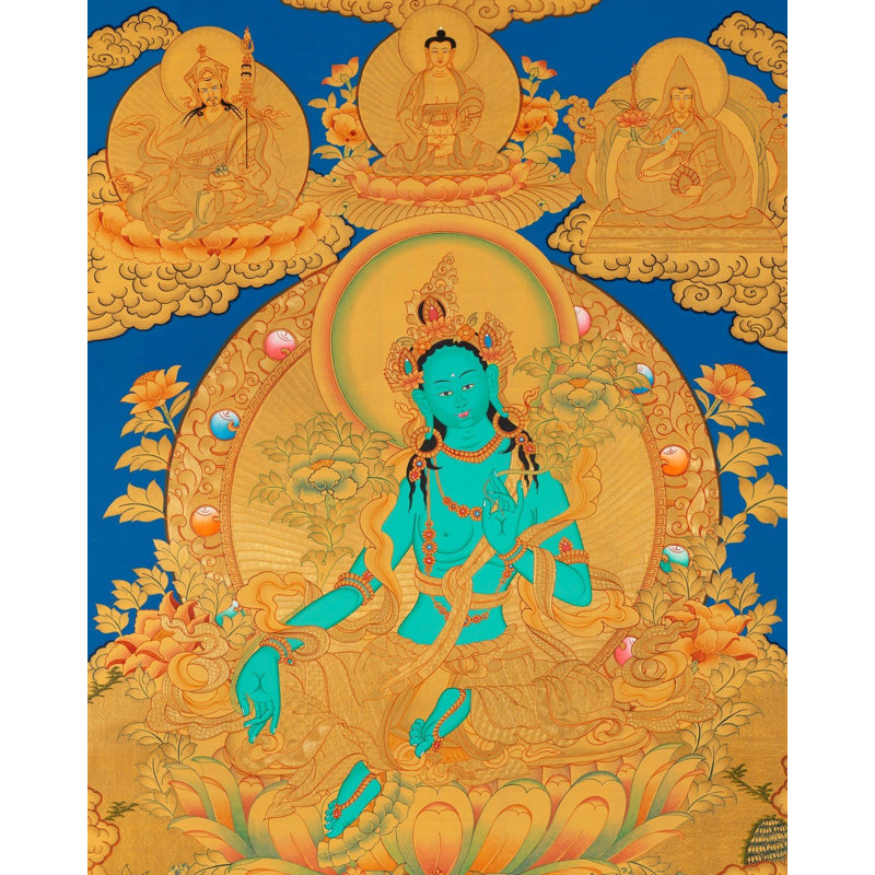 Mother Green Tara With Newari Style Border Motif (Brocadeless Thangka)