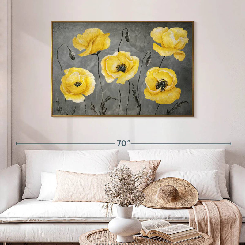 Coquelicots jaunes, 46 po x 31 po, Cadre flottant doré