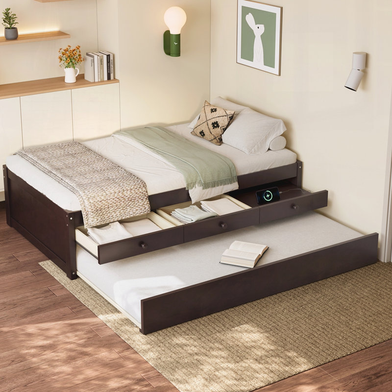 Lit plateforme moderne avec lit gigogne et 2 tiroirs, Lit simple, Espresso