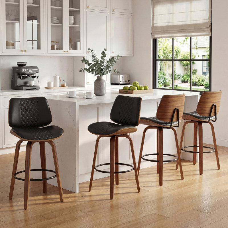 27.7" Mid-Century Faux Leather Counter Stool With Wood Legs and Metal Footrest, Black