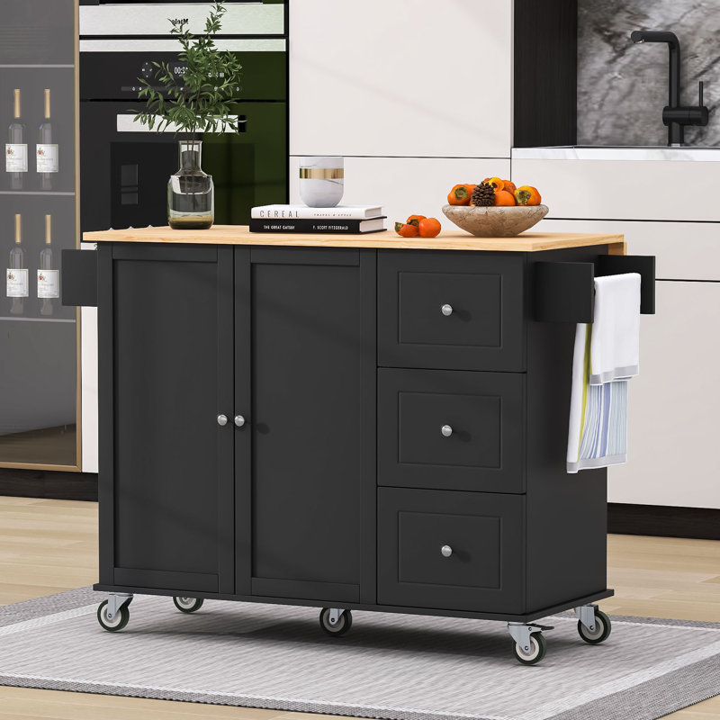 Îlot de cuisine mobile avec abattant, roulettes verrouillables et armoire de rangement, Noir