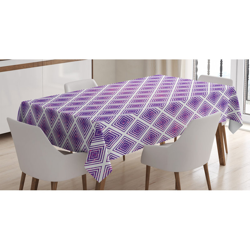 Ambesonne Purple Tablecloth, Retro Style Innovative Abstract Squares Pattern Modern Design Graphic Print, Rectangular Table Cover For Dining Room Kitchen Decor, 52" X 70", Violet And White