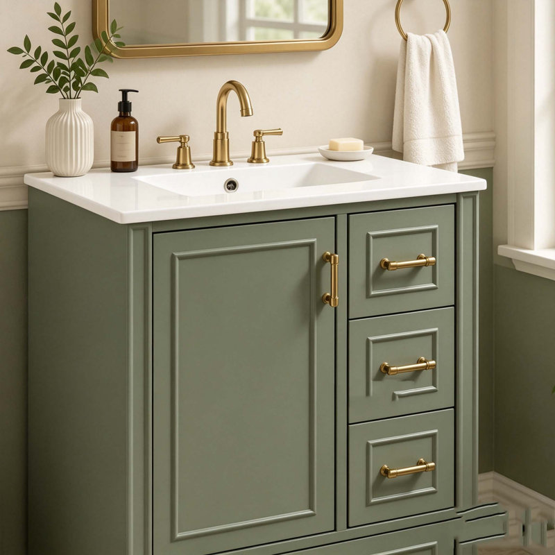 Meuble-lavabo moderne de 24 po avec lavabo en céramique, porte à fermeture douce, 3 tiroirs, poignées dorées et support de porte pour un rangement peu encombrant