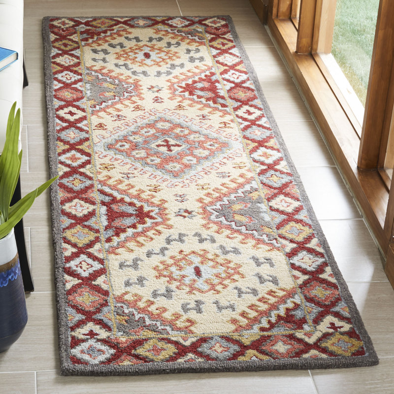 Tapis touffeté à la main en coton / laine rouge / ivoire Chadbourn, Tapis de couloir 2 pi 3 po x 8 pi