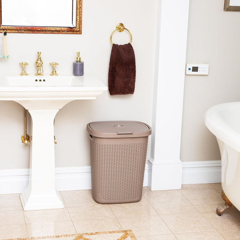 Slim Laundry Hamper With Lid, 40L Clothes Basket, Premium Wicker Design, Plastic, Tan