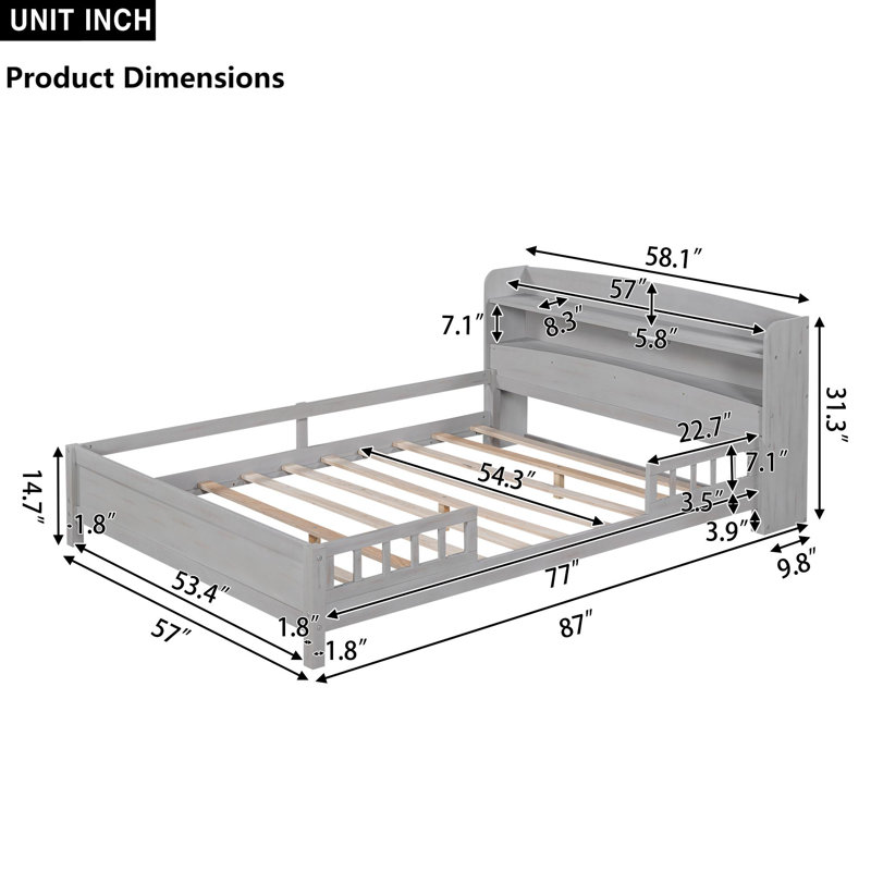Lit plateforme en bois pleine grandeur avec lumières à DEL intégrées, tête de lit avec rangement gris antique et garde-corps | Aucun sommier tapissier requis