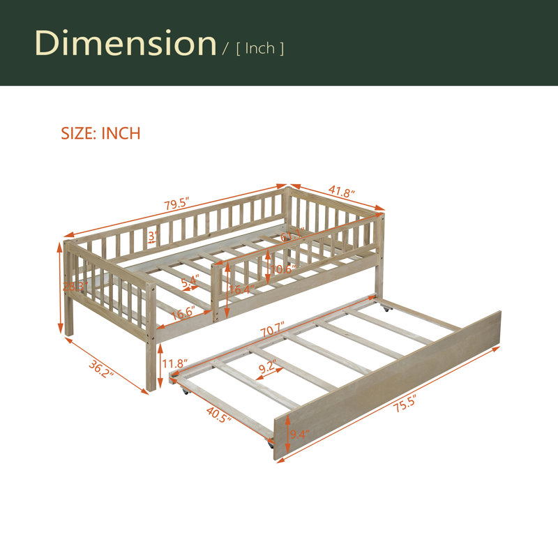 Twin Size Wood Daybed With Trundle And Fence Guardrails, Natural