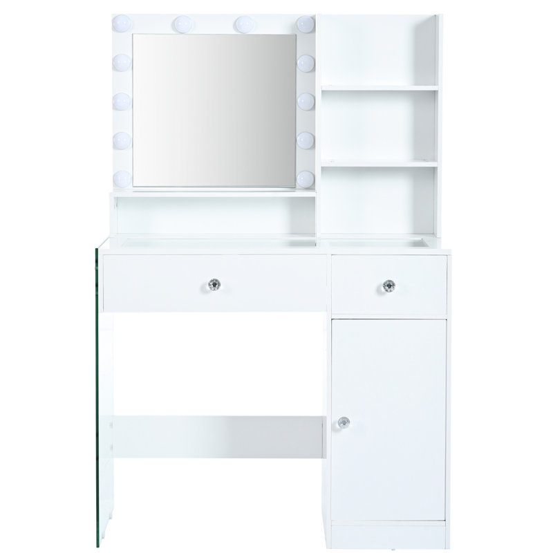 Coiffeuse avec miroir, 3 modes d'éclairage, plateau en verre trempé, 2 tiroirs, tablettes, chargement, blanc, 12 lumières, luminosité réglable, pieds, armoire, rangement, construction
