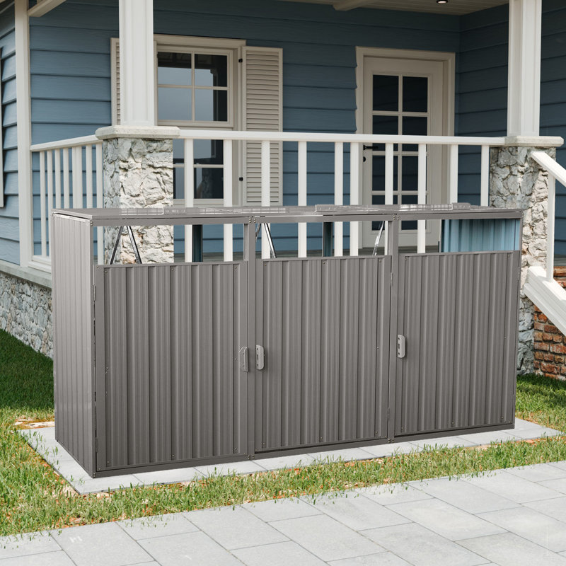 Metal Outdoor Garbage Bin Shed For 3 Trash Cans Gray,stainless Galvanized Steel