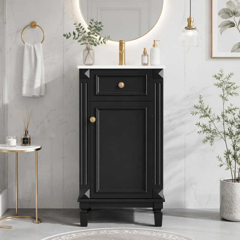 Meuble-lavabo autoportant avec lavabo en céramique, porte à fermeture douce et tablette réglable, style champêtre français