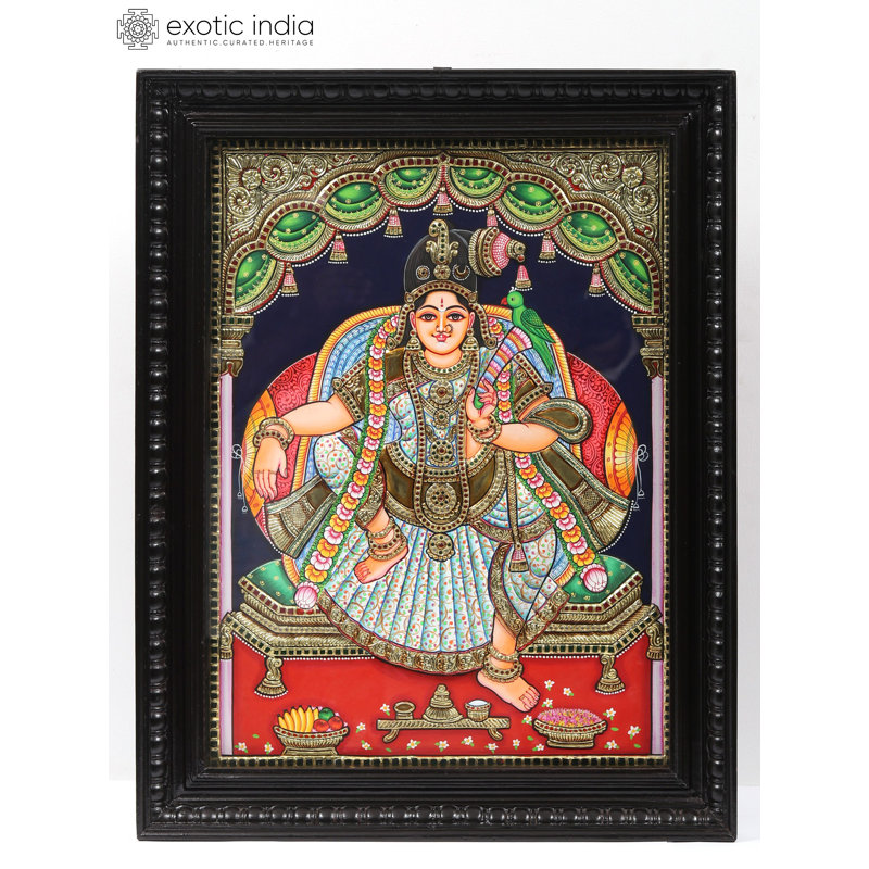 Sitting Goddess Andal Tanjore Painting - Traditional Indian Religious Art with 24K Gold Work, Framed Wall Décor