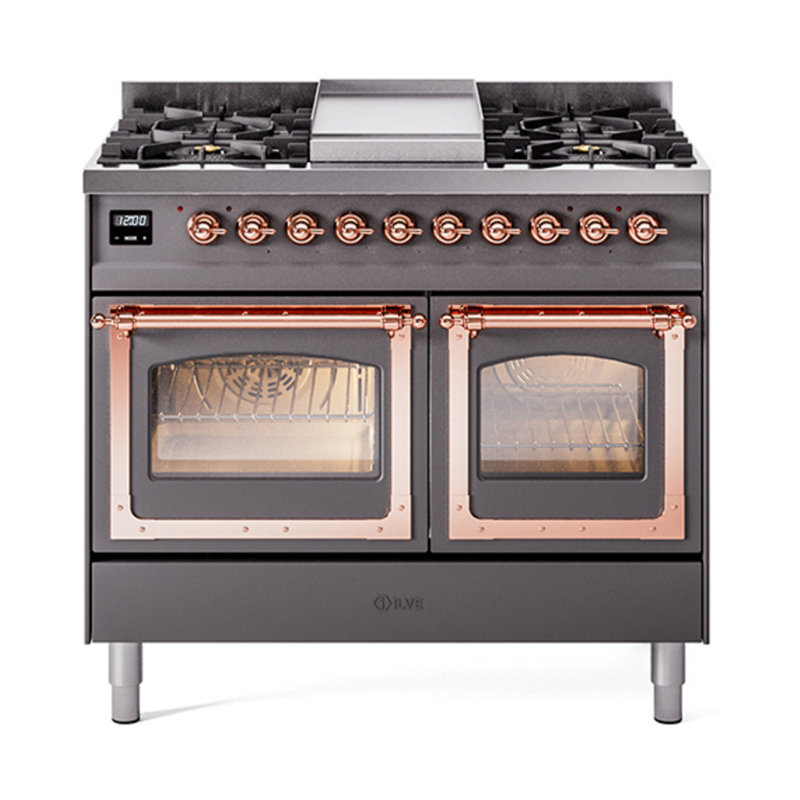 ILVE Nostalgie II Series Noblesse 40 inch Dual Fuel Range with 6 Sealed Burners, Griddle (Glass Door), Graphite Matte/Copper