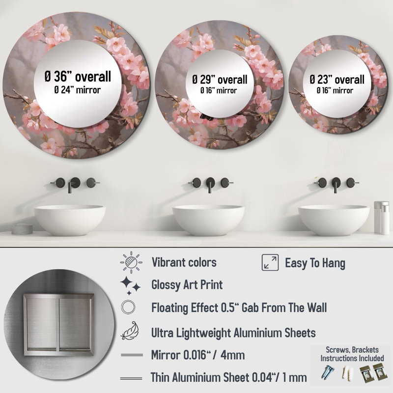 Grand miroir rond Bluebird On Blossom Cherry II, 36 po x 36 po