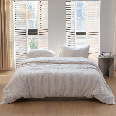 100% Linen Duvet Cover Set 3Pcs Yarn Dyed Vertical Pinstripe Ticking Pattern Natural French Washed Flax Breathable Farmhouse Bedding