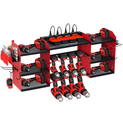 Heavy Duty Power Tool Organizer Wall Mount – 3-Tier Metal Storage Shelf with 8 Drill Holders, Bit & Battery Rack for Garage or Workbench – Basic Style, 3 Layers 8 Slots, With Power Strip