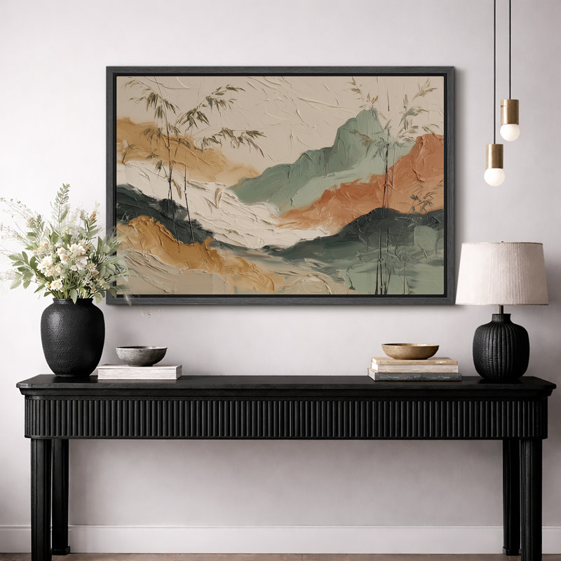 «Neutral Earth Tone Abstract Landscape Bamboo Artwork», photos de salon, impression sur toile encadrée, Cadre noir