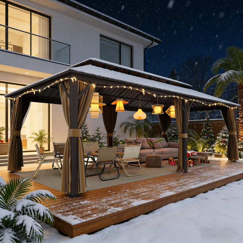 Pavillon de jardin en aluminium 12 pi x 24 pi avec toit en acier galvanisé à double aération, moustiquaire et rideaux d'intimité pour la terrasse, la cour et le jardin