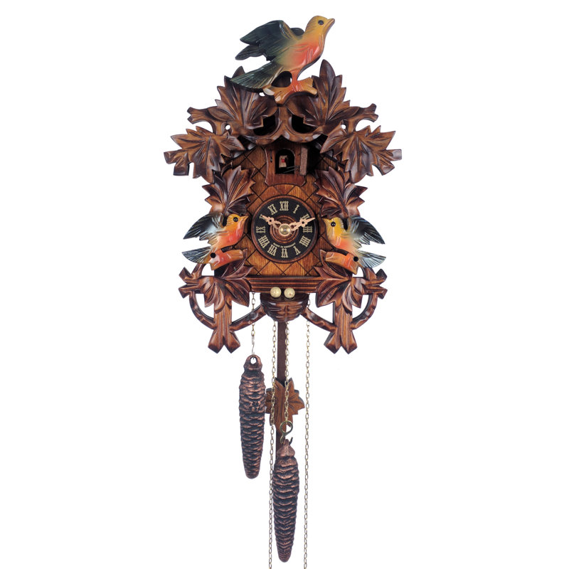  German Cuckoo Wall Clock Eight Painted Leaves Three Birds 10.5" H
