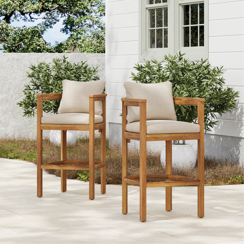 Tabouret d'extérieur en bois de teck avec coussin beige, ensemble de 2