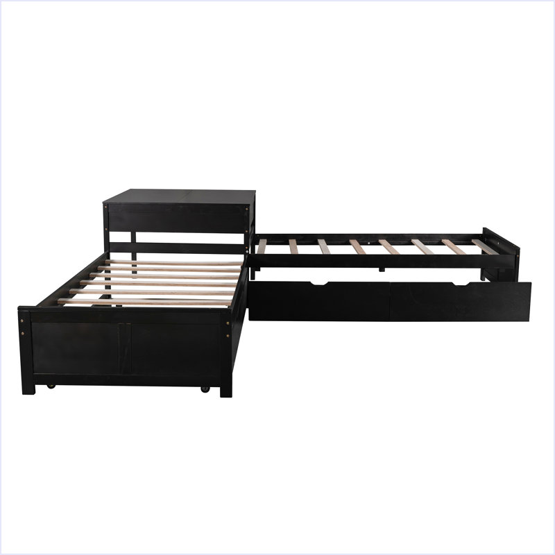 L-Shaped Platform Bed With Trundle And Drawers Linked With Built-In Desk, Espresso