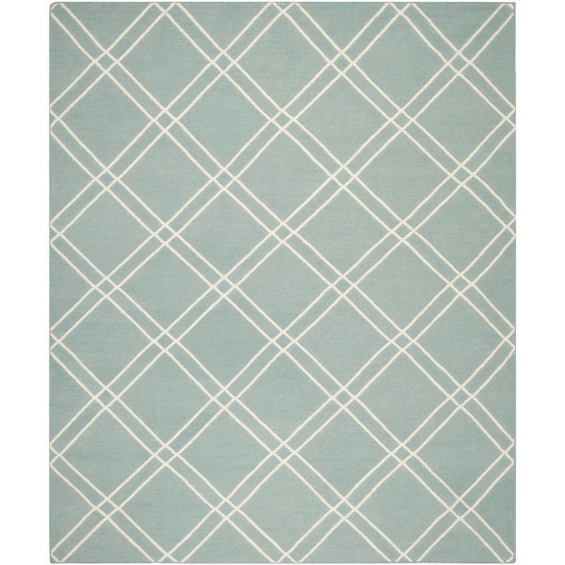 Rodgers Hand Woven Flat Weave Wool/Cotton Geometric Rug in Blue, Rectangle 9' x 12'